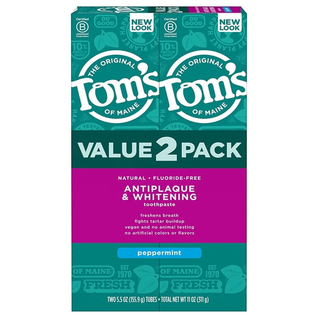 Tom's of Maine Antiplaque and Whitening Pasta dental sin fluoruro, Blanco, 5.5 Ounce (Pack of 2)