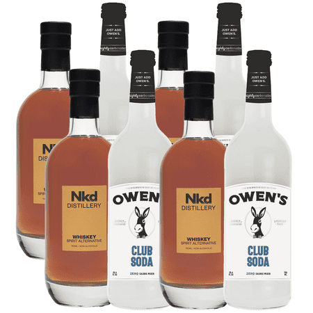 Nkd Distillery Whiskey 4 Pack Alternative Premium Non-Alcoholic Spirit 750 ML Bottles w 4 Pack Owen’s Mixers Club Soda 750 ML Bottles - Perfect for Mocktails - A