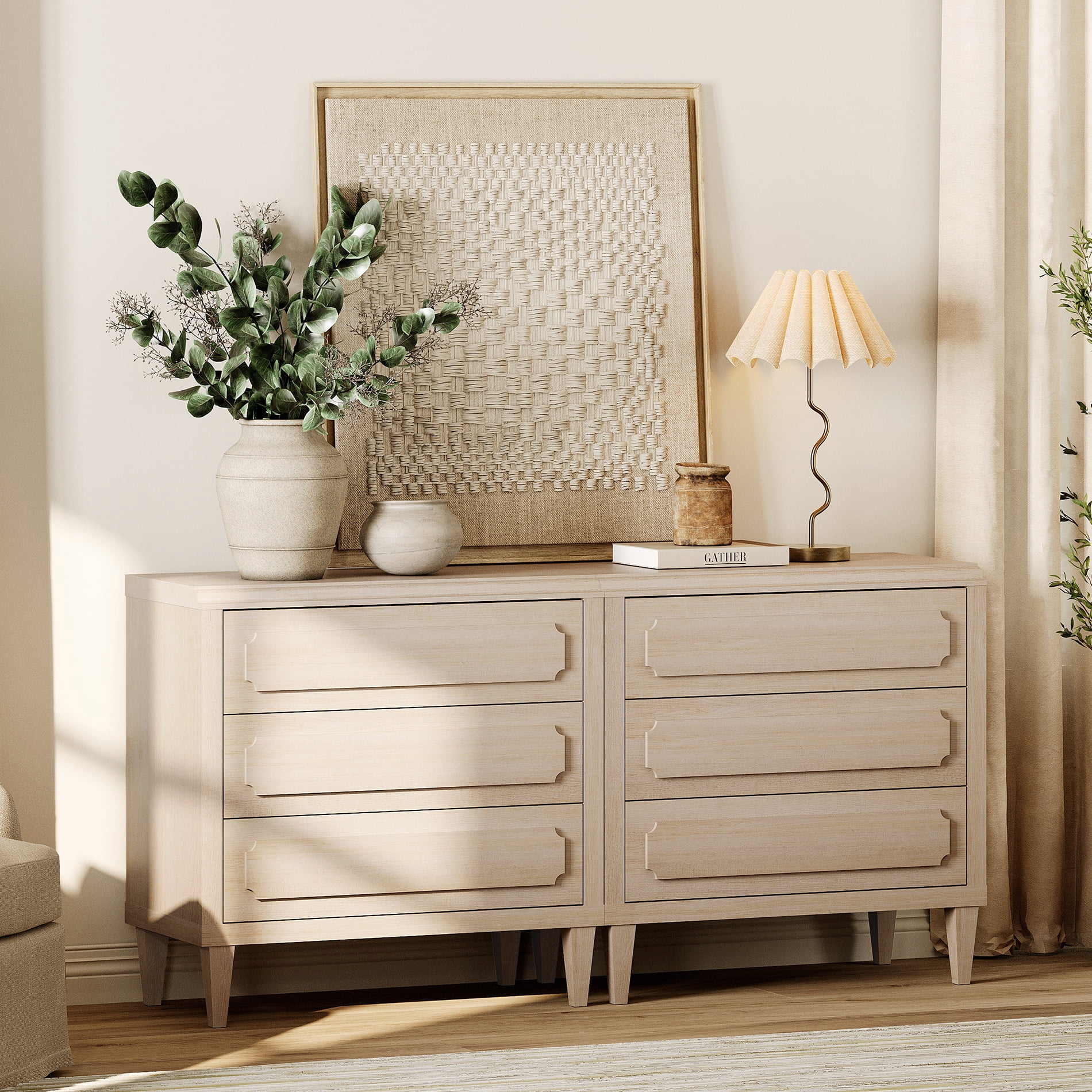 63" Oak Buffet Cabinet with Embossed Drawers, Modern Sideboard with Storage, Light Oak