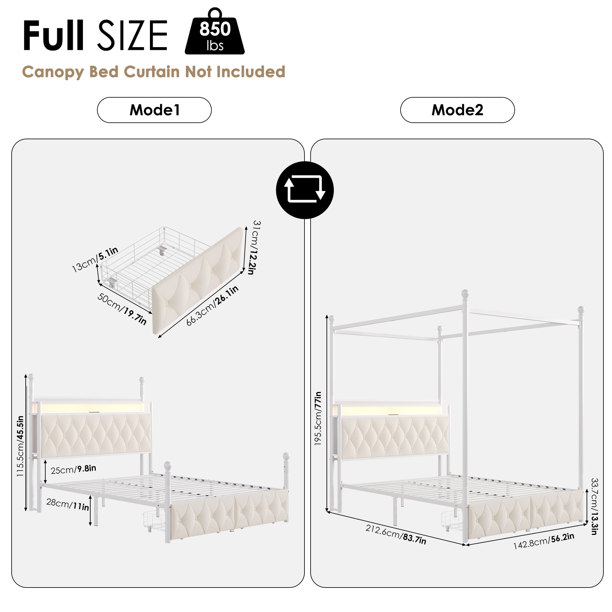 Hiphuta Full Size Upholstered Canopy Bed with Charging Station & Storage Drawer,Button Tufted Headboard with LED Light, Full Bed Frames, Beige