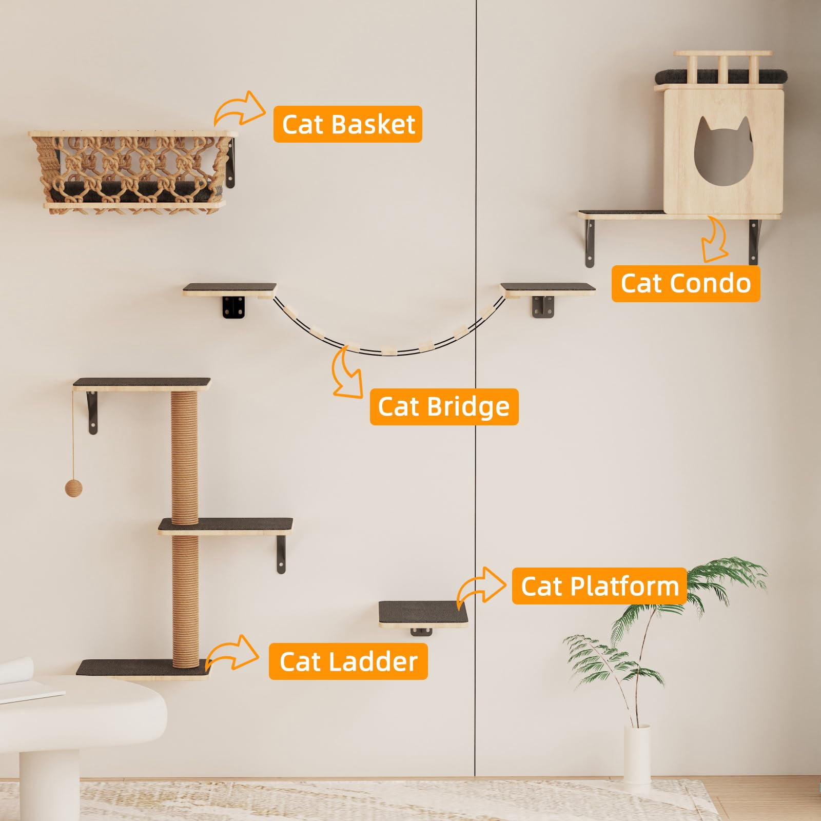 5-in-1 Cat Wall Shelves Set With Hammock  Wall-mounted Furniture Includes Condo Bridge Ladder & Steps For Indoor Cats Safe Stable (gray)