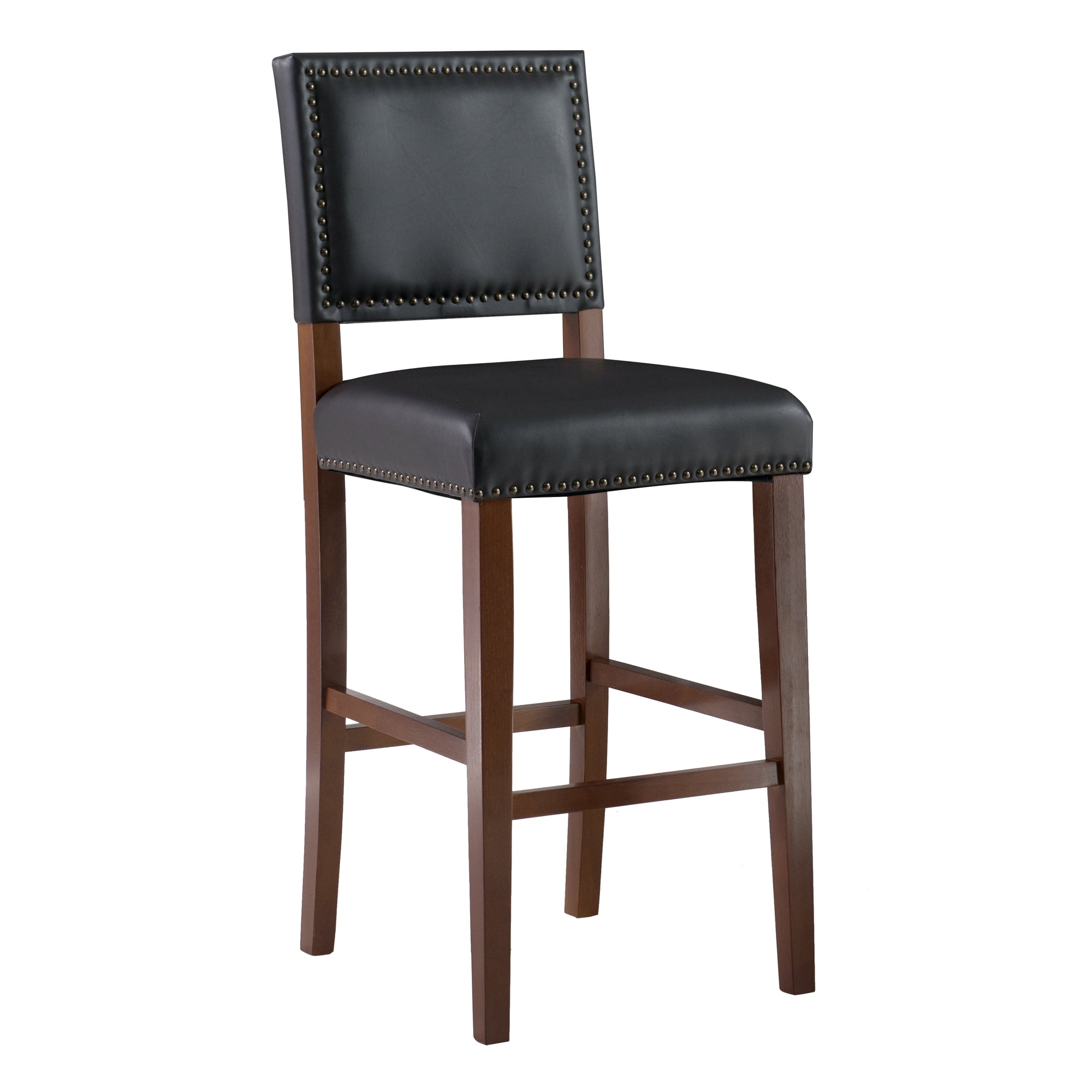 Linon Brook 30" Wood Bar Stool Black Faux Leather Nailhead Trim in Cherry Stain