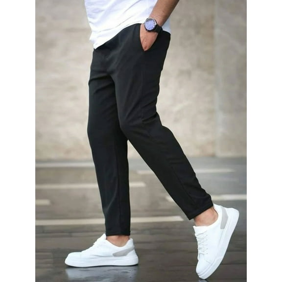 Casual Pants for Men Drawstring Elastic Waist Pleated Slacks Lightweight Loose Fit Summer Beach Trousers Black M