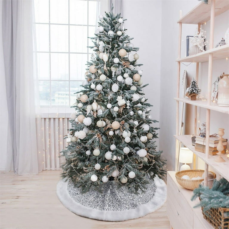 NOGIS Silver Christmas Tree Skirt with Sequin Faux Fur, 36 Inch Tree Skirts  for Christmas Decorations Home Indoor Tree Base Cover Mat Holiday Decor 