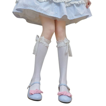 

Women Lolita White Crew Socks Kawaii Ruffle Lace Trim Ribbon Bowknot Stockings