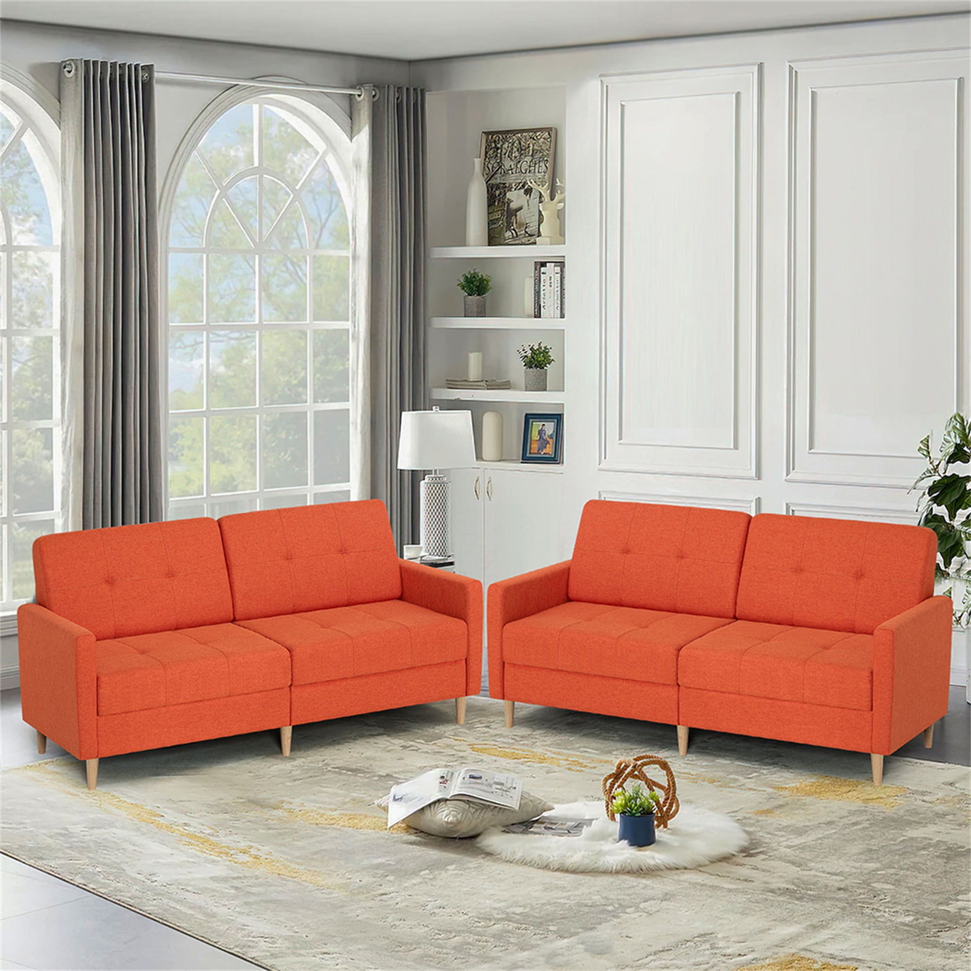 Kadyn Loveseat Sofa Bed, Mordern Convertible Sofa with Adjustable Backrest and Wooden Legs, 2-Seat Couch for Bedroom, Orange