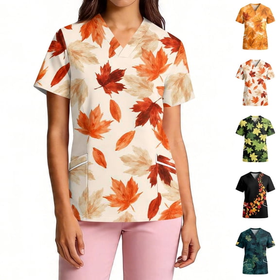 LNZGNM Women's Scrub Top V neck Short Sleeve Botanical Print Medical Uniform Loose Fit Medical Scrub Tops for Women,Brown(S)
