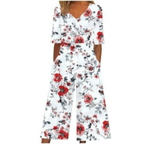 Women's One Piece Pants Casual Short Sleeve Floral Print V Neck Jumpsuit Back Zip Up Loose Fit Cropped Pants with Pocket