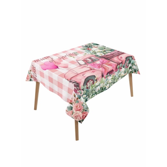 Eucalyptus Trucks Table Cloth, Waterproof Tablecloth for Rectangle Tables, Spring Farmhouse Floral Leaves Pink Plaid Reusable Washable Fabric Table Cover for Restaurant Kitchen Dining Tables 60"x102"