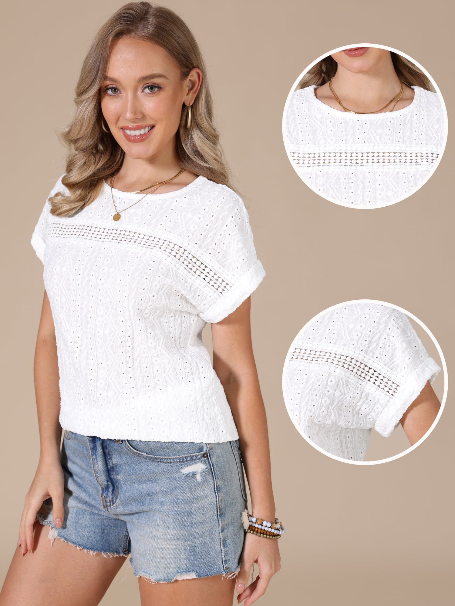 DARING DIVA Women's Short Sleeve Hollow Out Casual Eyelet Tops S White