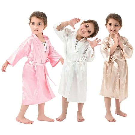 

Godderr Kids Toddler Boys Girls Solid Color Silk Robe Cardigan Stain Pajamas Long Baby Sleeve Bathrobe Lace-Up Soft Sleepwear Bathrobe Thin Night-Robe 1-8T