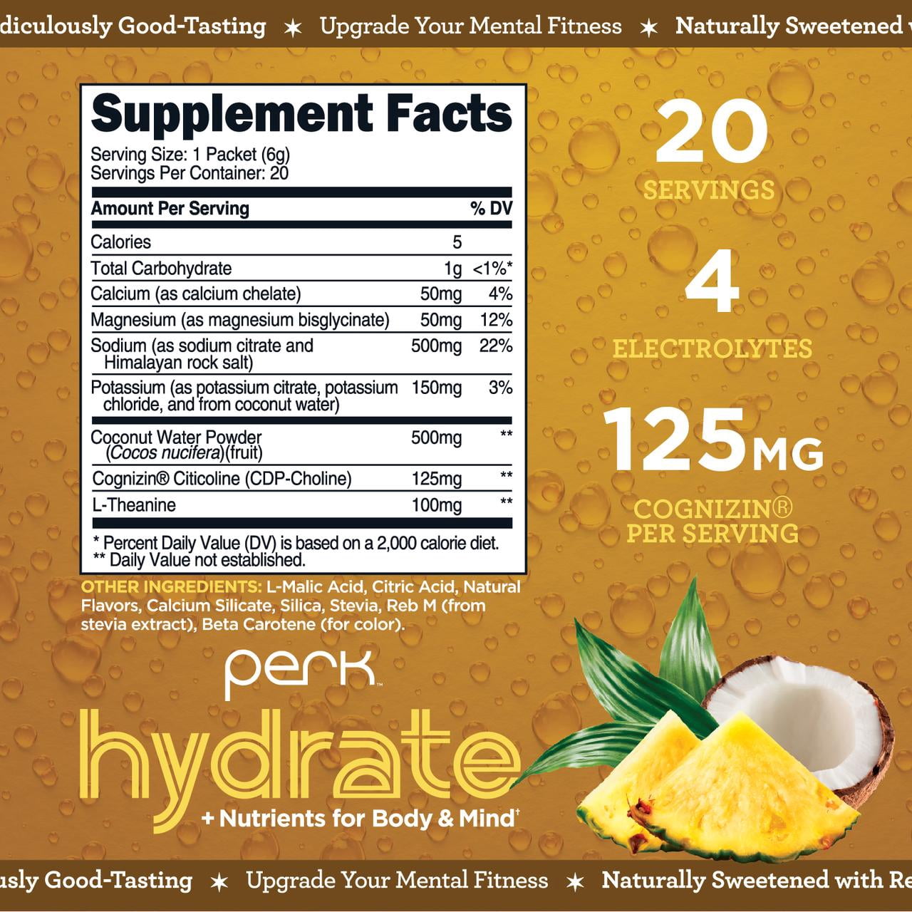 Perk Hydrate Electrolyte Stickpacks (Pina Colada) 20 Packets - Coconut Water, CDP-Choline, L-Theanine, Gluten-Free, Keto Friendly, Vegan