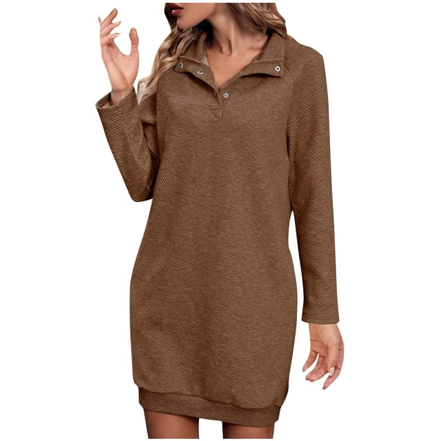 Robes Grande Taille pour Femmes Automne Hiver à Manches Longues Col Roulé Robe Chandail Boutonnée Unie à Revers Tricot Mini Chandail Robes S-262 Brun TG