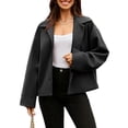 thumbnail image 2 of Women Cropped Trench Coat Wool Blend Pea Coat Short Jacket Casual Loose Long Sleeve Button Down Winter Outerwear Black S, 2 of 7
