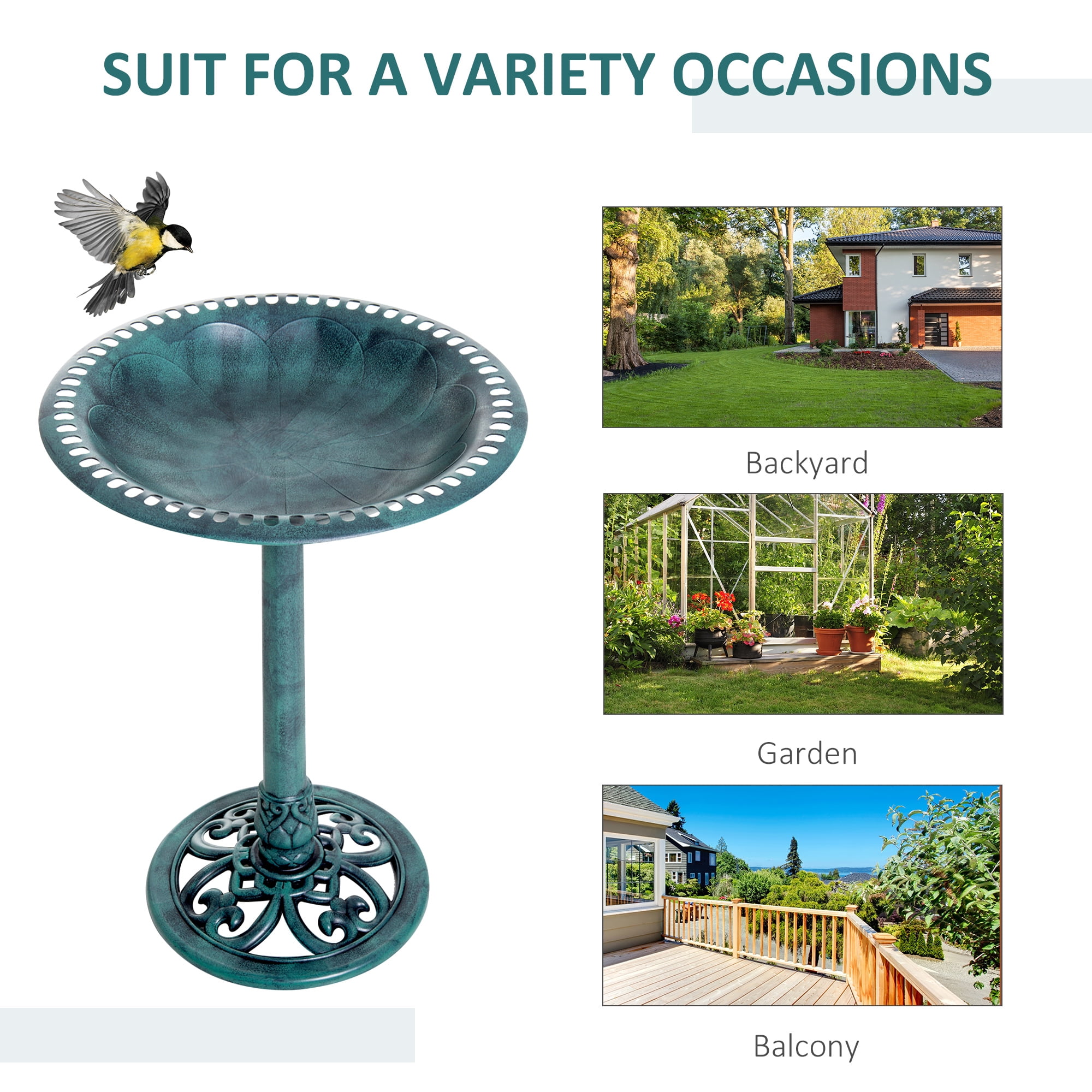 ZephyPaws  Polyresin Antique Outdoor Green Garden Bird Bath and Solar Powered Round Pond Fountain Combo Set,Green