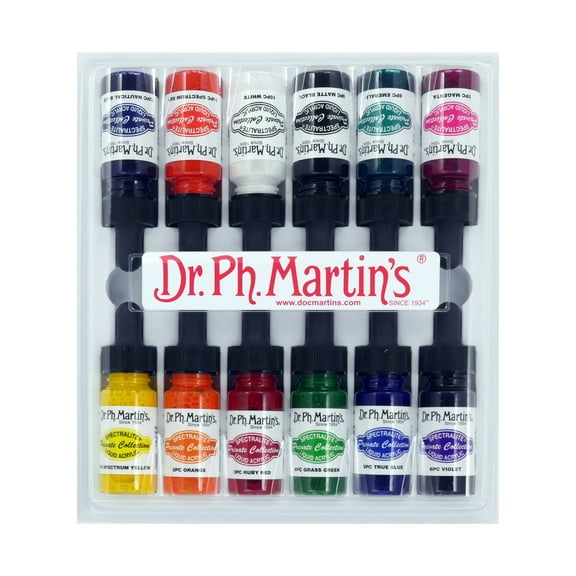 Dr. Ph. Martin's® Spectralite Private Collection Liquid Acrylics (Set 1) Arcylic Paint Set, ½ US fl oz, Set 1 Colors, 1 Set of 12 Bottles