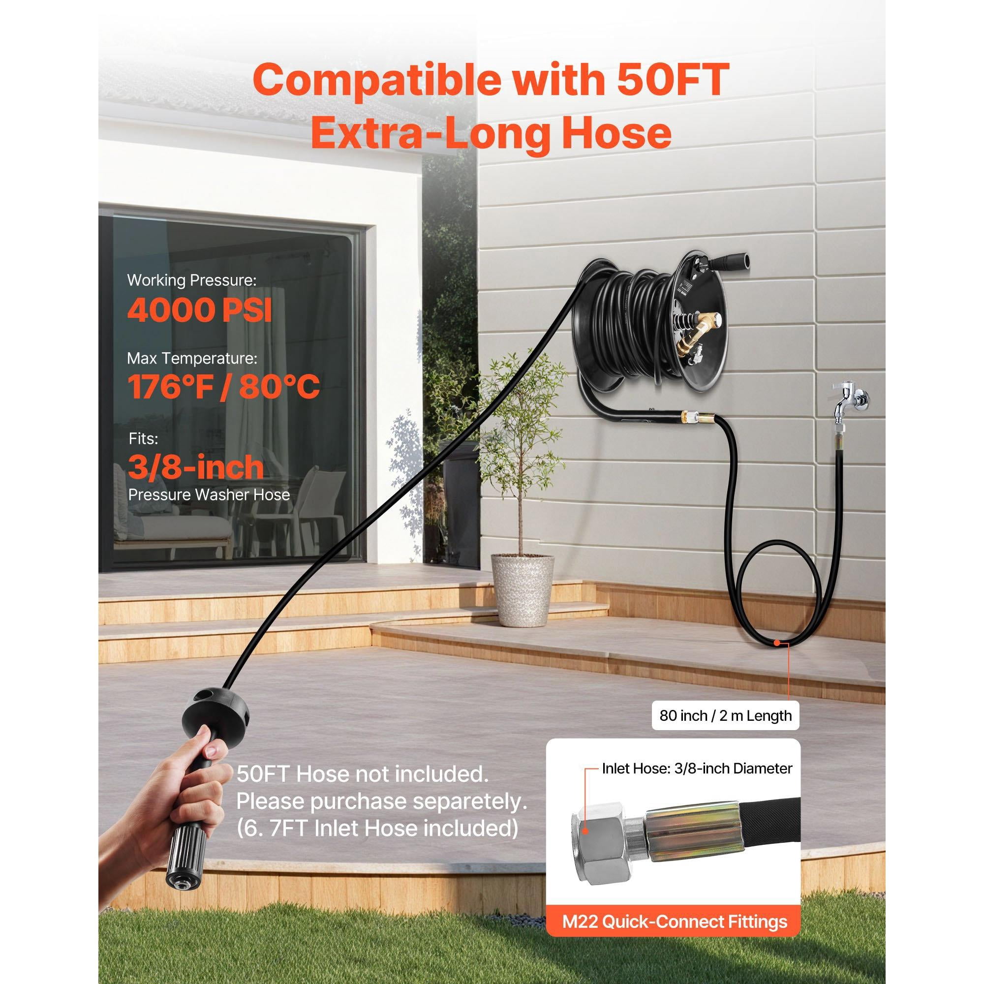 Pressure Washer Hose Reel, 50 FT x 3/8 Inch, 4000 PSI Heavy Duty Steel Mountable Reel, Black
