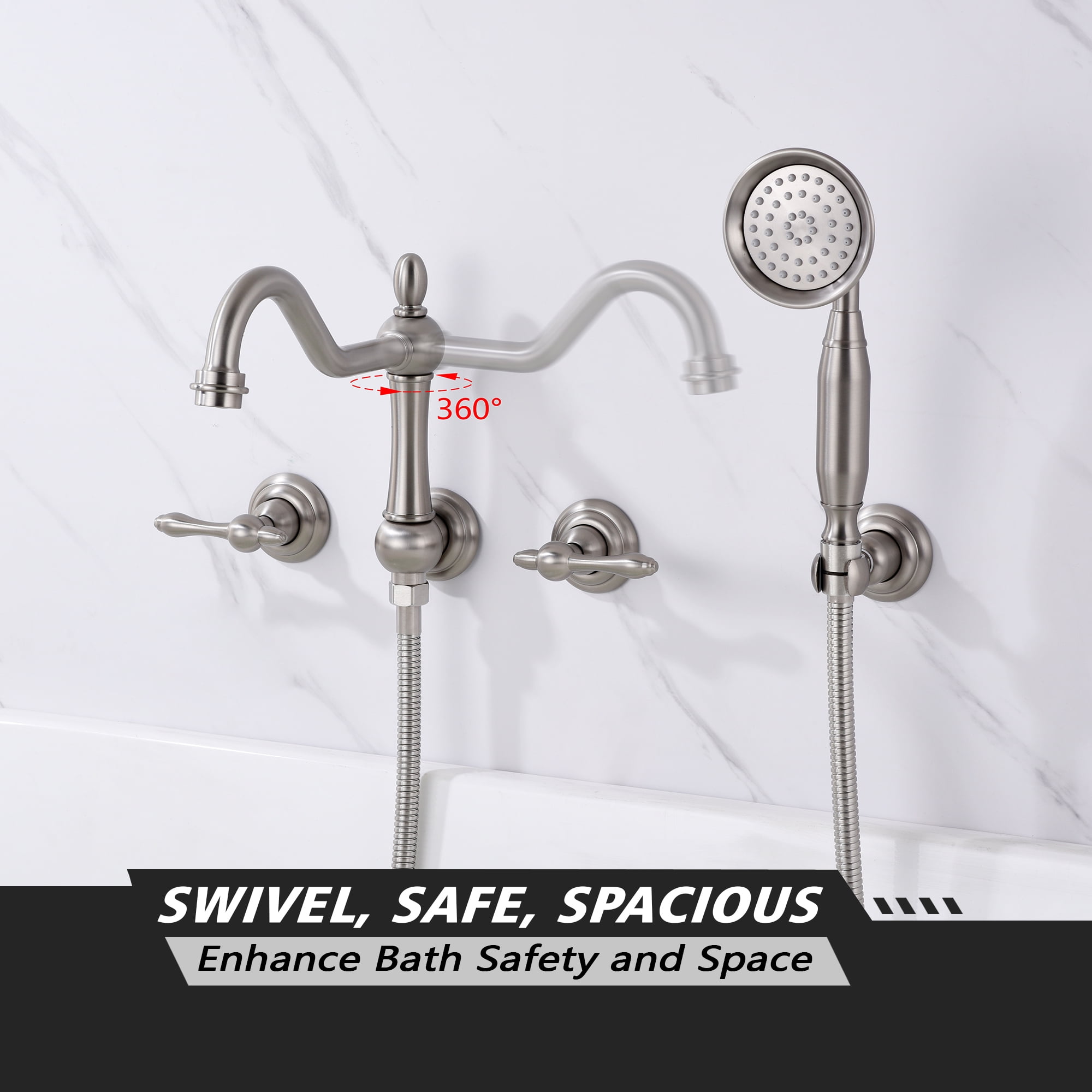 SUMERAIN Wall Mount Bathtub Faucet with Handheld Sprayer, High Flow Traditional Tub Filler Brushed Nickel, Rough-in Valve Included