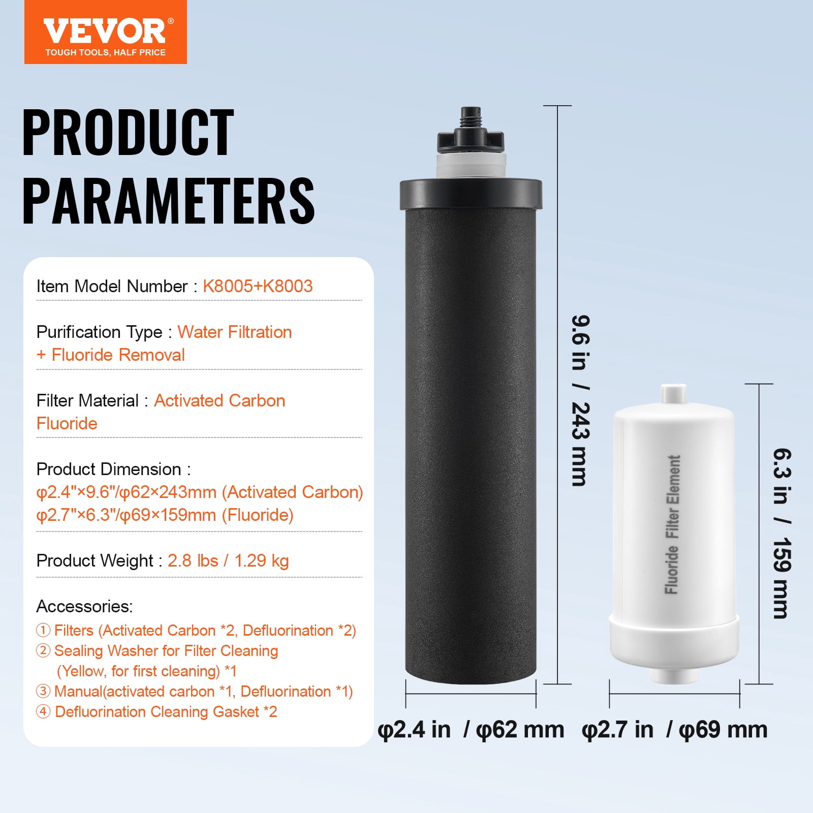 VEVOR Water Filters Replacement, Purification Elements, Replacement Filters, Gravity Water Filter System, Compatible with Most Brands, Pack of 4 (2 Activated Carbon Filter + 2 Defluorination Filter)