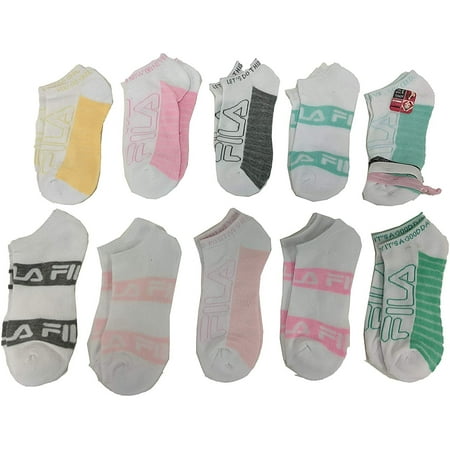 Fila Kids Girls 10-Pack Half Cushion No Show Socks with Hair Ties Motivation Words - White, Girls Large Shoe Sizes 4-10