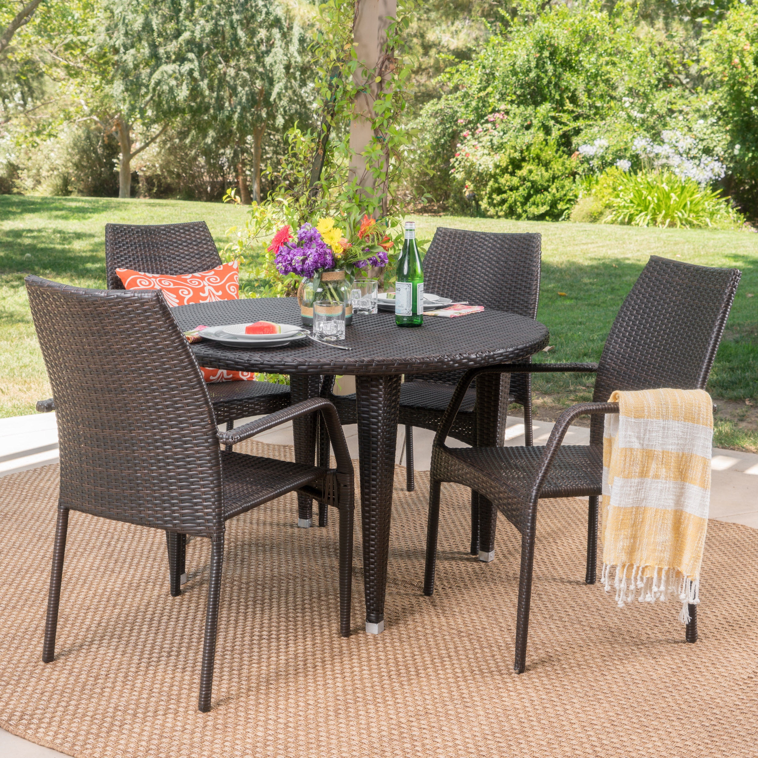 Gilbert Outdoor 5 Piece Wicker Circular Dining Set, Multibrown