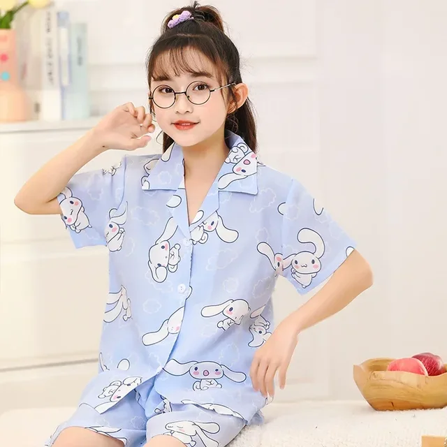 Summer Children‘s Sleep Pajamas Sets Cinnamoroll Kuromi My Melody Girl  Cardigan Short Sleeve Pijama Kawaii Anime Kids Sleepwear