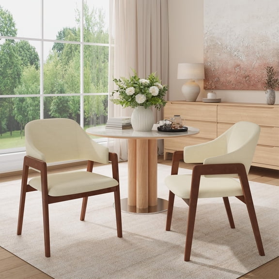 PYY Modern Upholstered Dining Chairs Set of 2 with Arms - Fabric Accent Kitchen Chairs, Ergonomic Curved Back, Sturdy Wood Legs for Dining Room/Living Room/Restaurant - Beige, 2-Pack