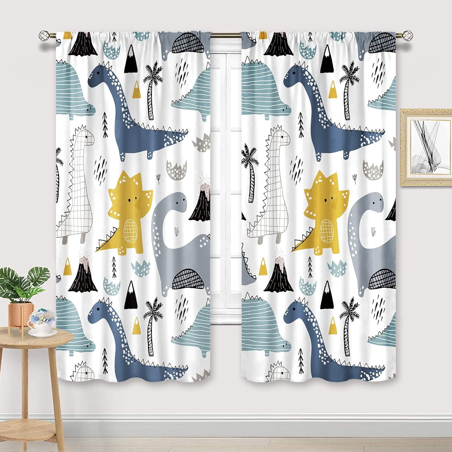 Dinosaur Curtains 42Wx63L Inch Rod Pocket Kids Cartoon Dino Baby Boys Bedroom Decor Nursery Children Cute Navy Blue Safari Animal Art Printed Living Room Playroom Window Drapes Fabric 2 Panel