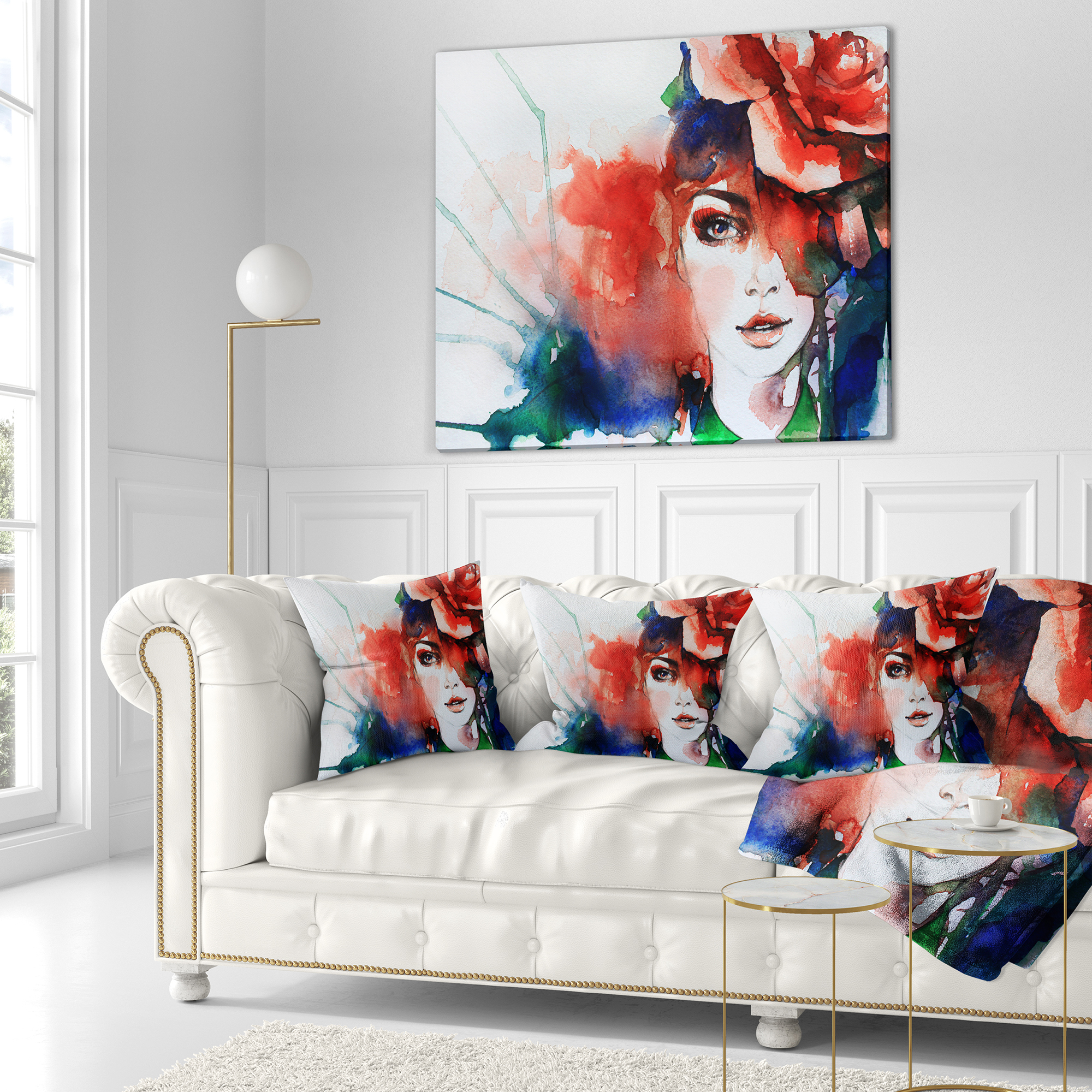 Designart Woman with Rose Illustration - Abstract Throw Pillow - 16x16