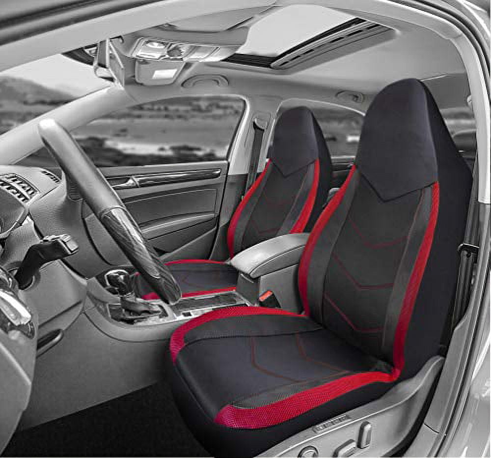 PIC AUTO 2PCS Red High Back Car Seat Covers - Sports Carbon Fiber Mesh Design, Universal Fit
