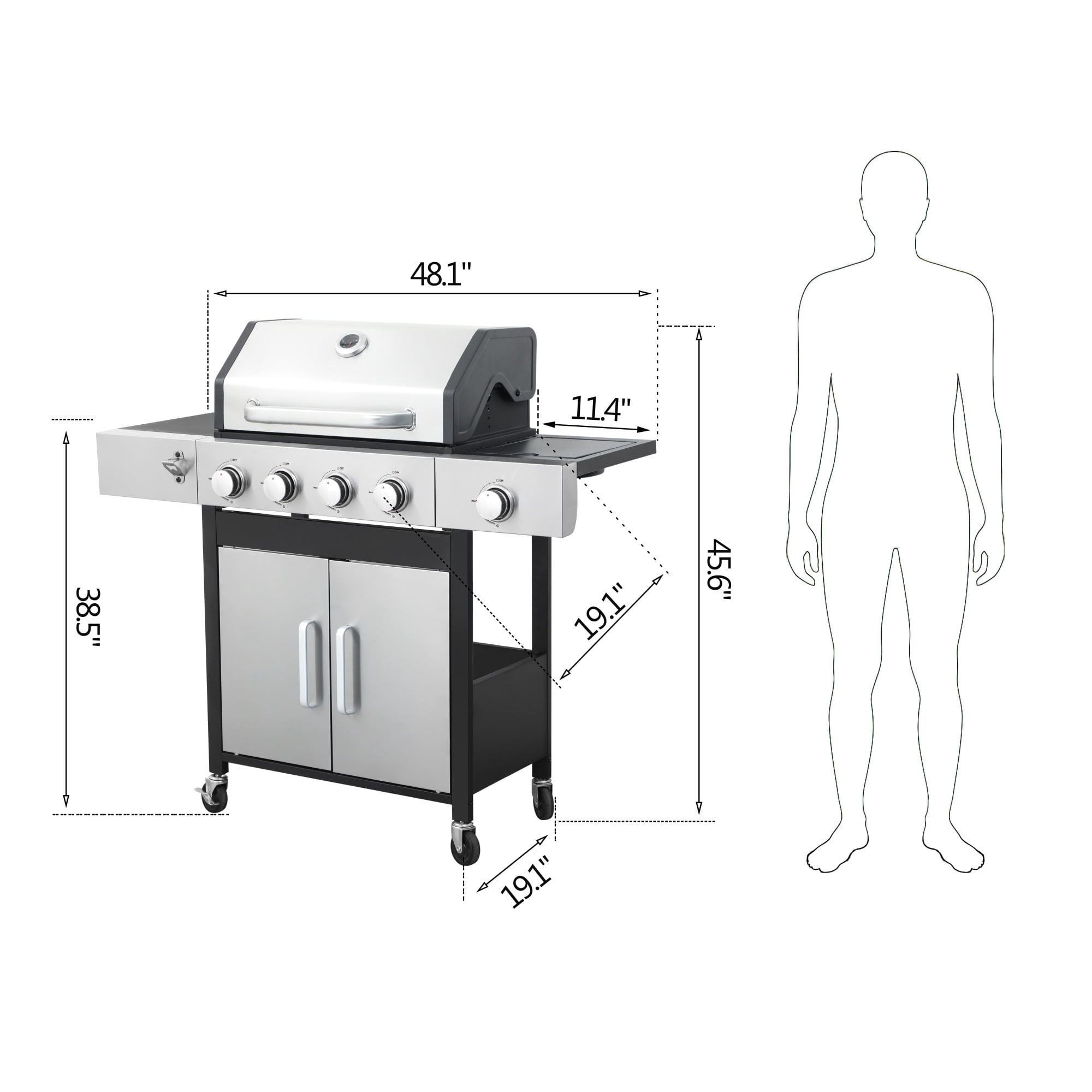 Miniyam 4 Burners BBQ Propane Gas Grill with Side Burner for Outdoor Barbecue, 46790 BTU Output
