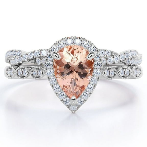 JeenMata Art Deco Filigree Milgrain - 1.5 Carat Almond Shaped Peach created morganite and Moissanite - Halo Pave Crossover Wedding Set - 18K White Gold Plating over Silver