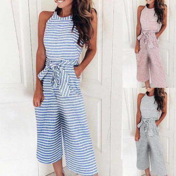 Women's Sleeveless Striped Jumpsuit, Figure Flattering One Piece Romper with Tie Waist, Wide Leg Casual Jumpsuit Outfit for Club, Date Night, Summer and Casual Wear-Blue