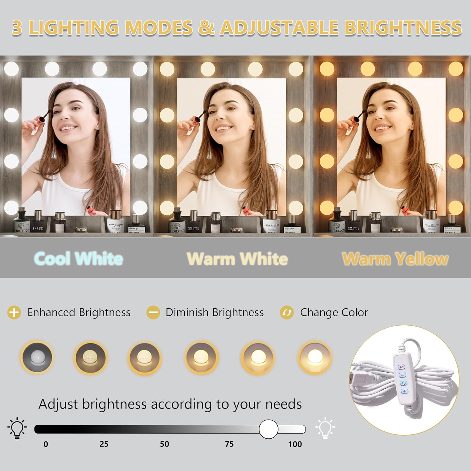 FANRAL 43.7" Vanity Desk with 10 Mirror Lights & Under-Table RGB,Charging Station & Hair Dryer Holder,Multi-Storage Dressing Table for Bedroom Bathroom,Gray Vanity