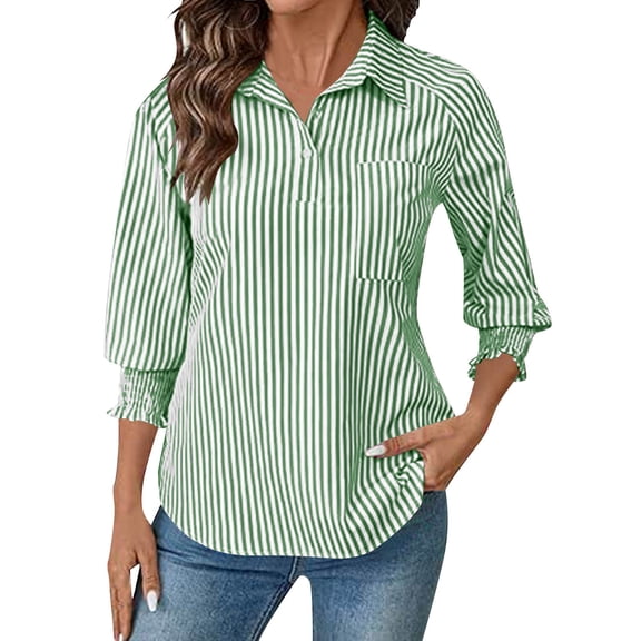 Miqool Womens Striped Shirts Smocked Cuffed 3/4 Sleeve Button up Collared Shirts Dressy Casual Blouses Business Work Office Tops with Pocket