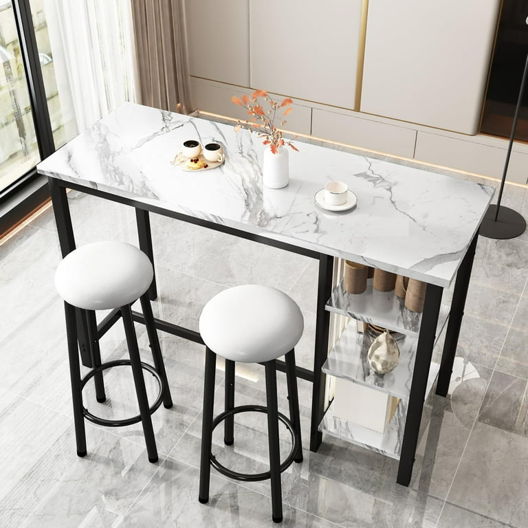 AWQM Bar Counter Height Table and Stools Set for 2 Kitchen Dining Table Set with 3 Storage Shelves Faux Marble Top and 2 Upholstered Seats Modern