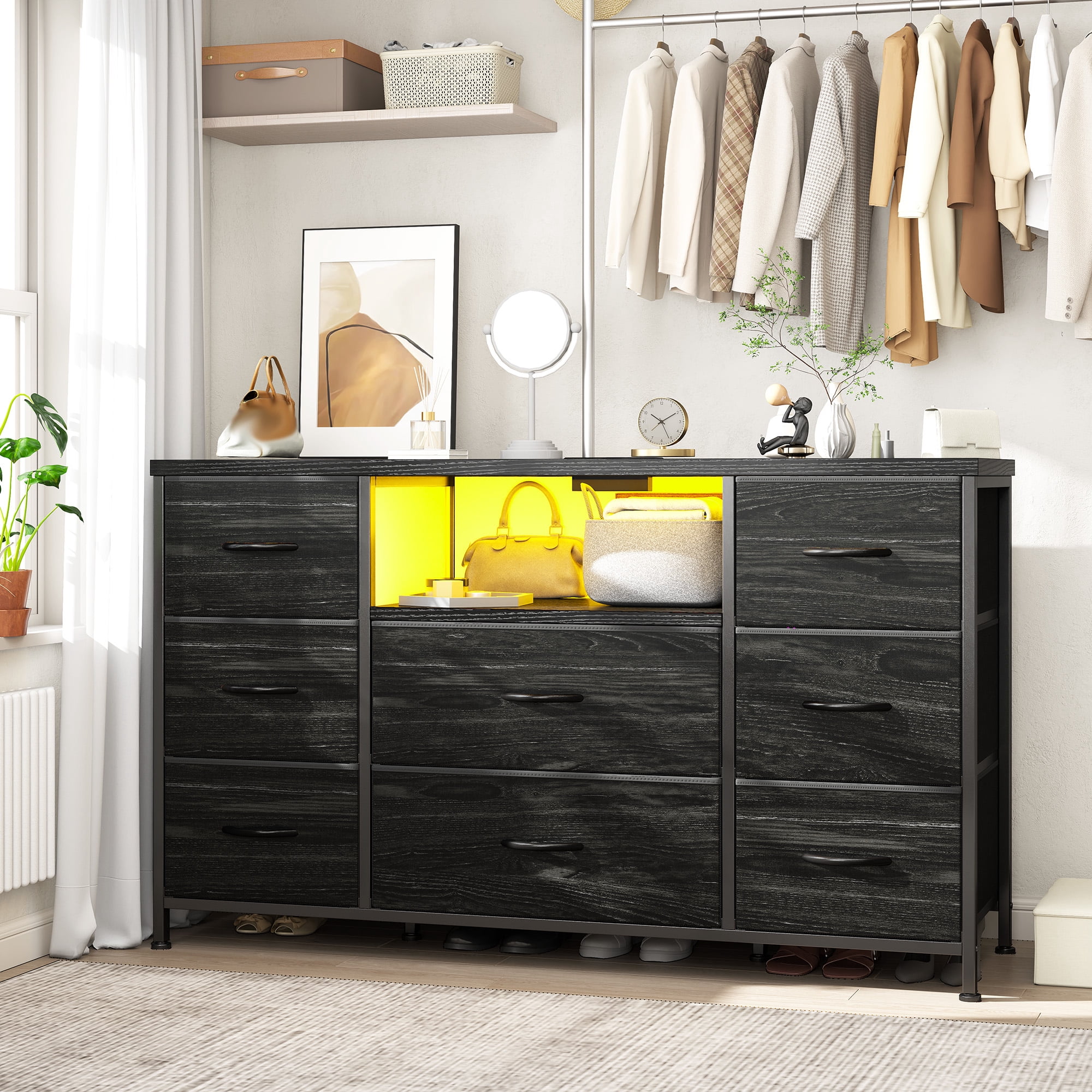 Romorgniz Dresser TV Stand for 55 inch TV with LED Lights & Charging Station Dresser for Bedroom with 8 Drawers, Black