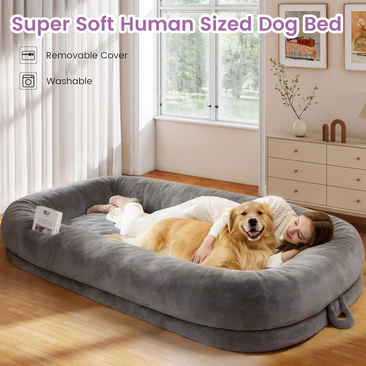 Murago 71"x43"x10" Human Dog Bed for Adults, Orthopedic Calming Lounger for People & Pets, Light Grey