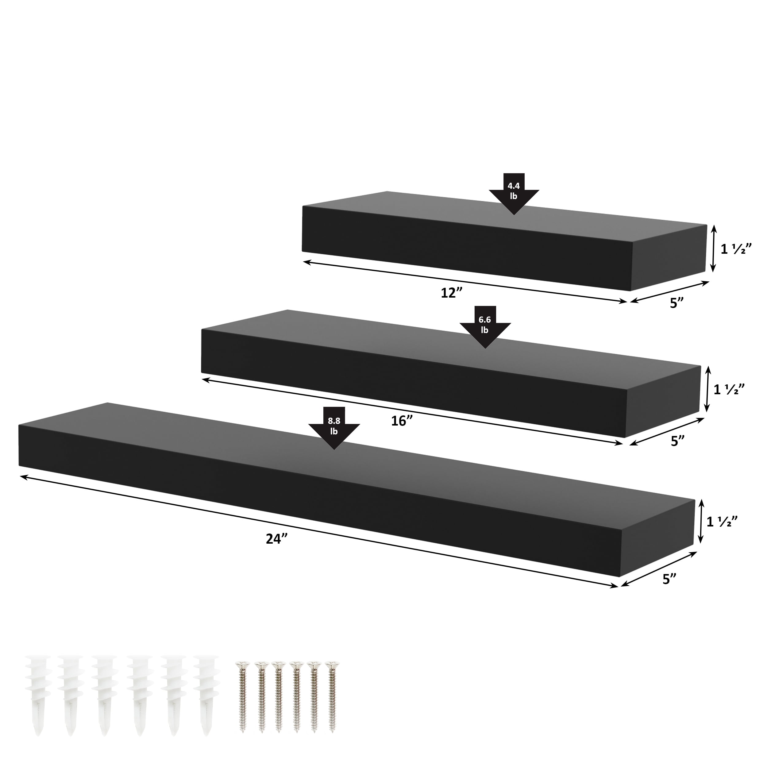 Ballucci Contemporary Floating Wall Shelves, Set of 3 Wood Wall Shelves, 12", 16", 24", Black