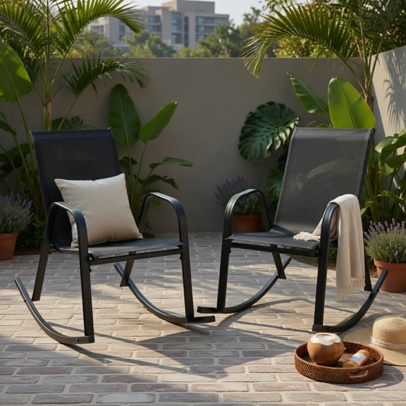 Hommoo 2-Pack Modern Metal Rocking Chairs for Patio, Breathable Fabric Seat, Rust-Resistant Frame, Indoor/Outdoor Use, Black