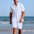 thumbnail image 2 of Laqbezok Men's 2-Piece Linen Set, Casual Short Sleeve Button Down Shirt and Drawstring Shorts Outfit, Relaxed Fit Summer Beach Resort Wear with Pockets, 2 of 6