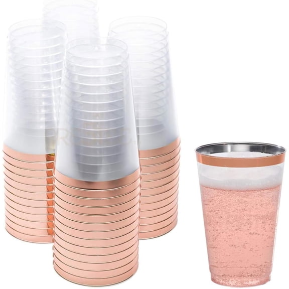 Prestee Rose Gold Plastic Cups | 14 oz. 50 Pack | Hard Plastic Cups | Disposable Party Cups | Fancy Wedding Tumblers | Nice Rose Gold Rim Plastic Cups | Elegant Decoration Cups