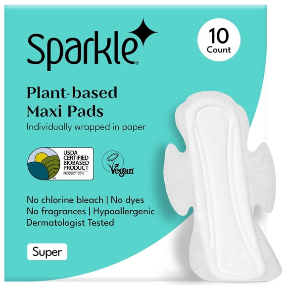Sparkle Pads for Women, Plant-Based Maxi Pads for Sensitive Skin, Feminine Care, Sanitary Napkins, Organic Pads Super Soft & Leak-Proof - with Wings, Medium Absorbency, Unscented (Super, 10 Count)