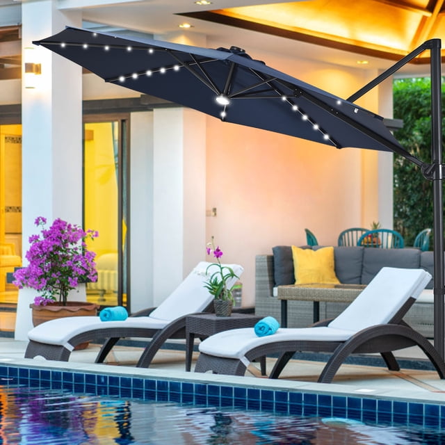 Costway 10ft Solar LED Cantilever Offset Patio Umbrella 360dgrees Rotation Aluminum Navy Blue