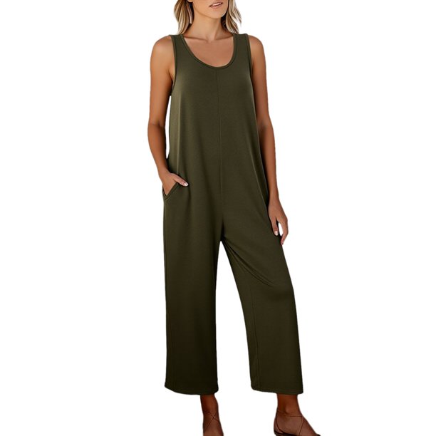 Mono sin mangas para mujer: cuello sin mangas, pantalón ancho informal, corte holgado, con bolsillos