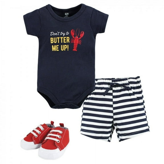Hudson Baby Infant Boy Cotton Bodysuit, Shorts and Shoe Set, Butter Me Up Lobster, 0-3 Months