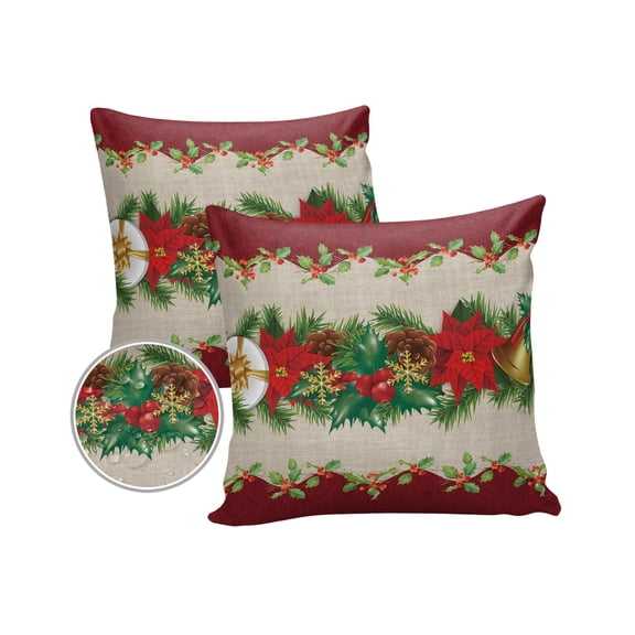 Pack of 2 Outdoor Pillow Covers, Christmas Flower Berries Pine Cone Retro Background Waterproof Square Throw Pillowcase Cushion Decorative Pillow Covers for Couch Patio Tent, 18x18 in