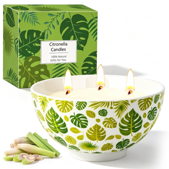 Giphtpoeet Citronella Candles Outdoor Indoor 3 Wick Natural Soy Lemongrass Scented Candle Reusable Ceramic Bowl