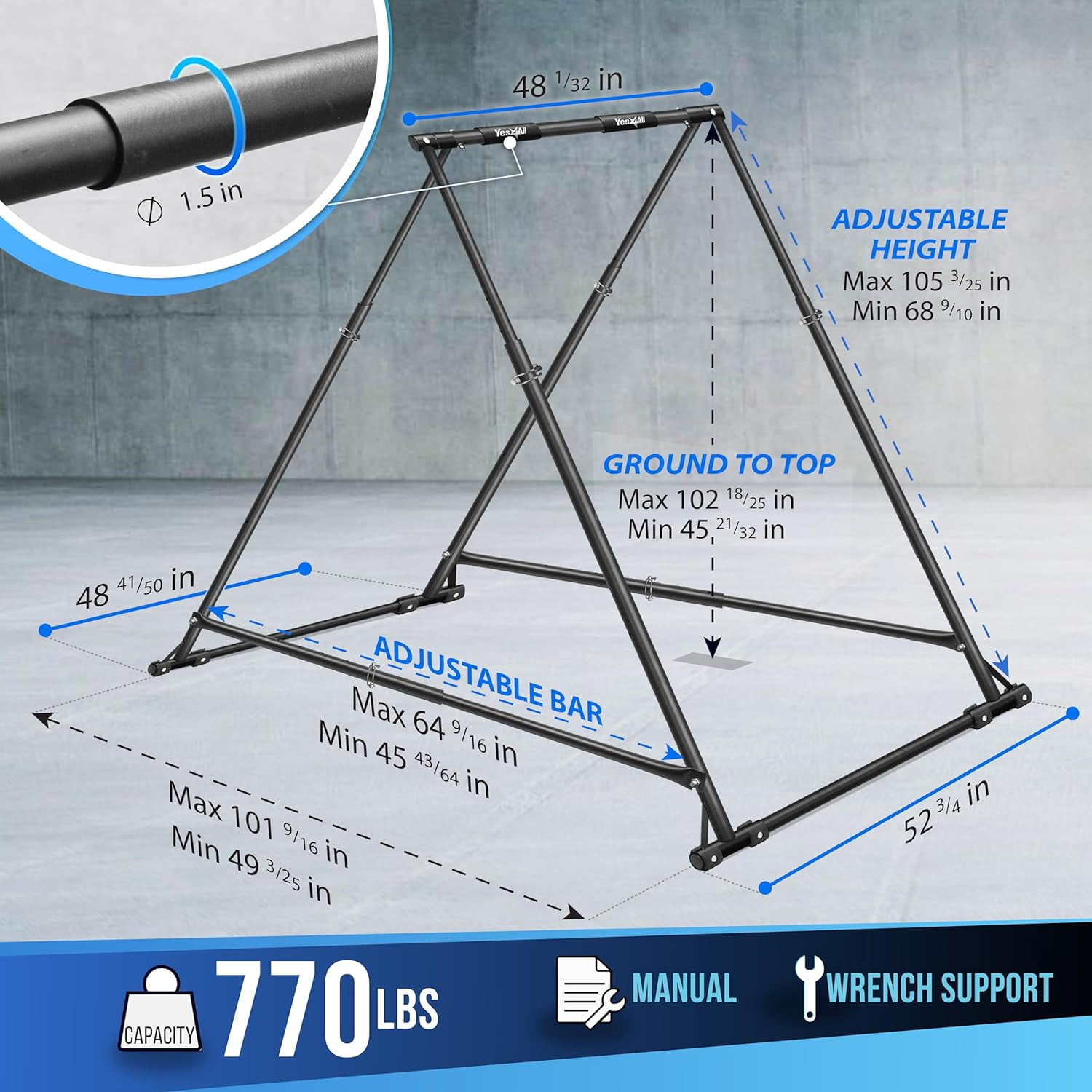 Yes4All 126 Levels Adjustable Free Standing Pull Up & Chin Up Bar Non Slip Rubber Feet