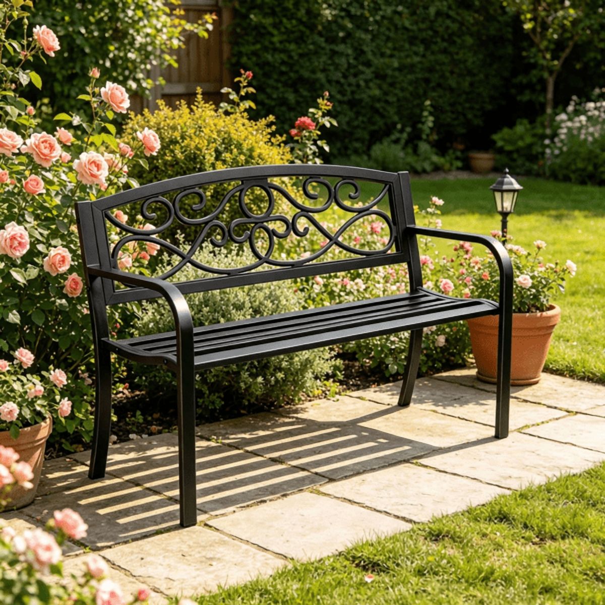 50" Metal Outdoor Bench with Backrest & Armrests, 550 lbs Load Capacity, for Garden, Patio & Front Porch